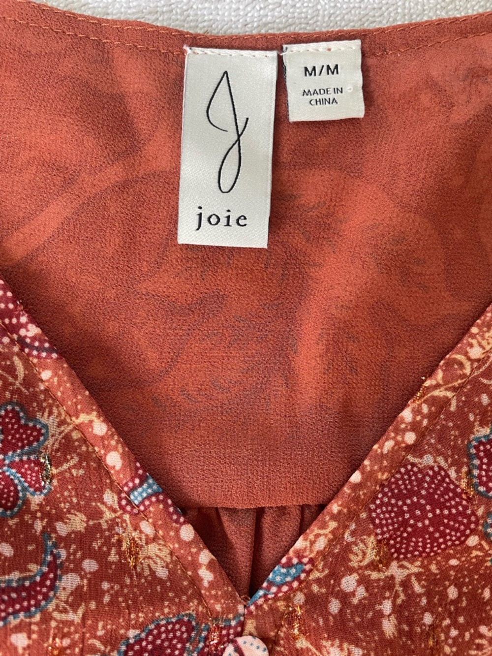 Joie Rust Multi Floral V-Neck Smocked Hem Blouse - Picture 5 of 5